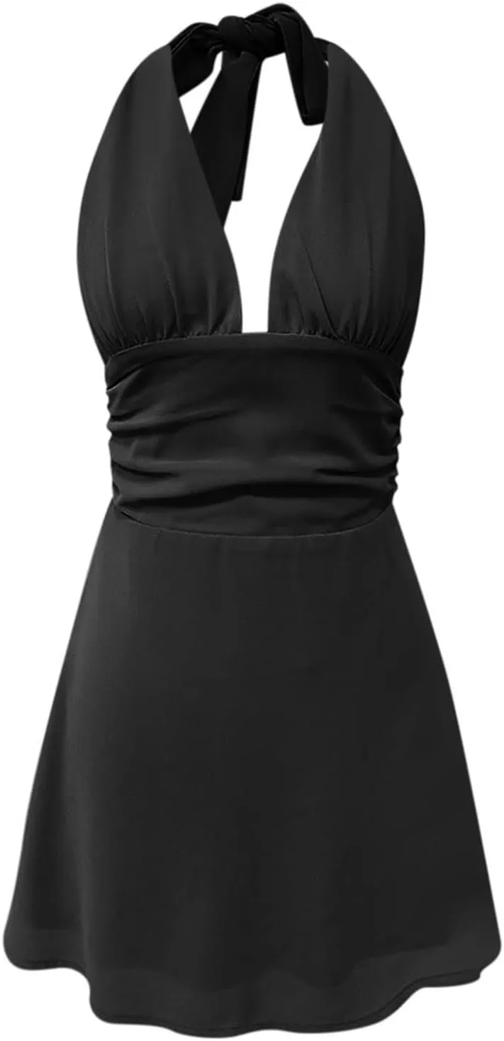 Womens Deep V Mini Dress Bow Tie Sleeveless Backless Ruched Flowy Wrap Ruffle Hem Fitted Plus Size Dresses for