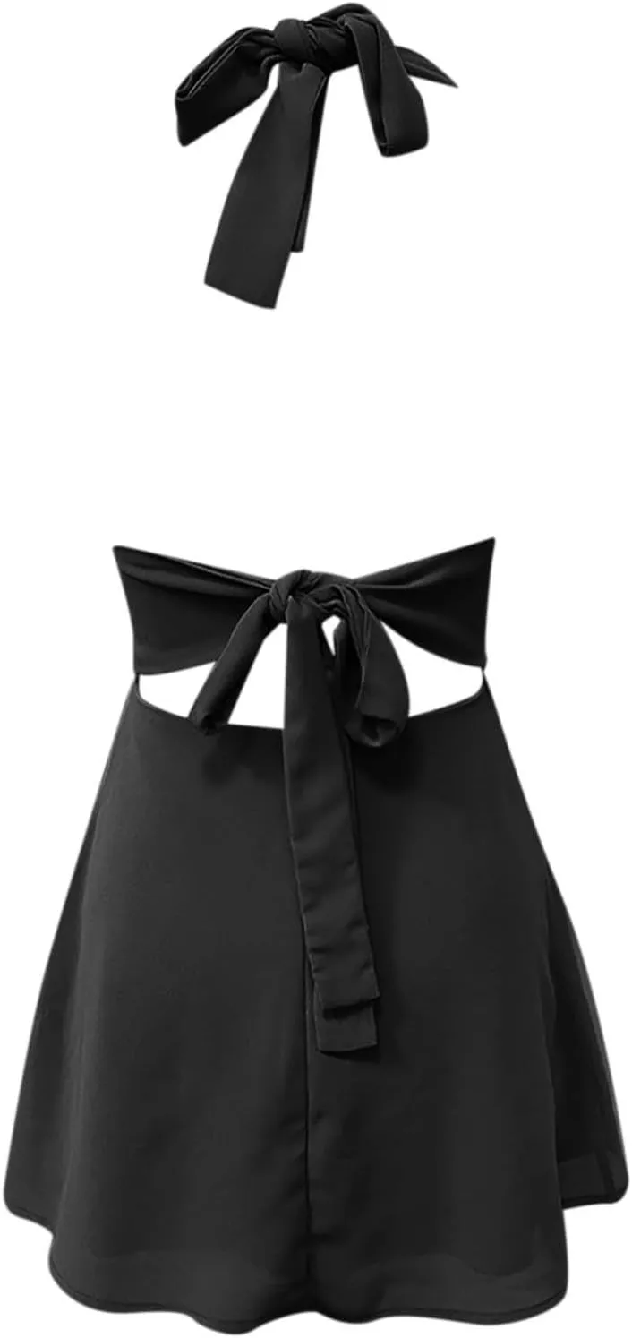 Womens Deep V Mini Dress Bow Tie Sleeveless Backless Ruched Flowy Wrap Ruffle Hem Fitted Plus Size Dresses for