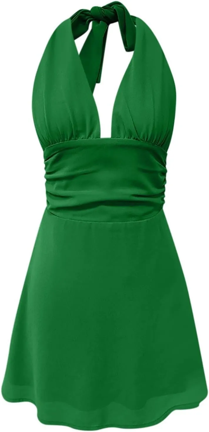 Womens Deep V Mini Dress Bow Tie Sleeveless Backless Ruched Flowy Wrap Ruffle Hem Summer Bodycon Short Dresses