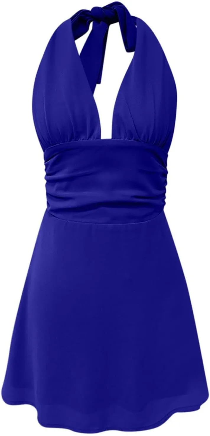 Womens Deep V Mini Dress Bow Tie Sleeveless Backless Ruched Flowy Wrap Ruffle Hem Summer Bodycon Short Dresses