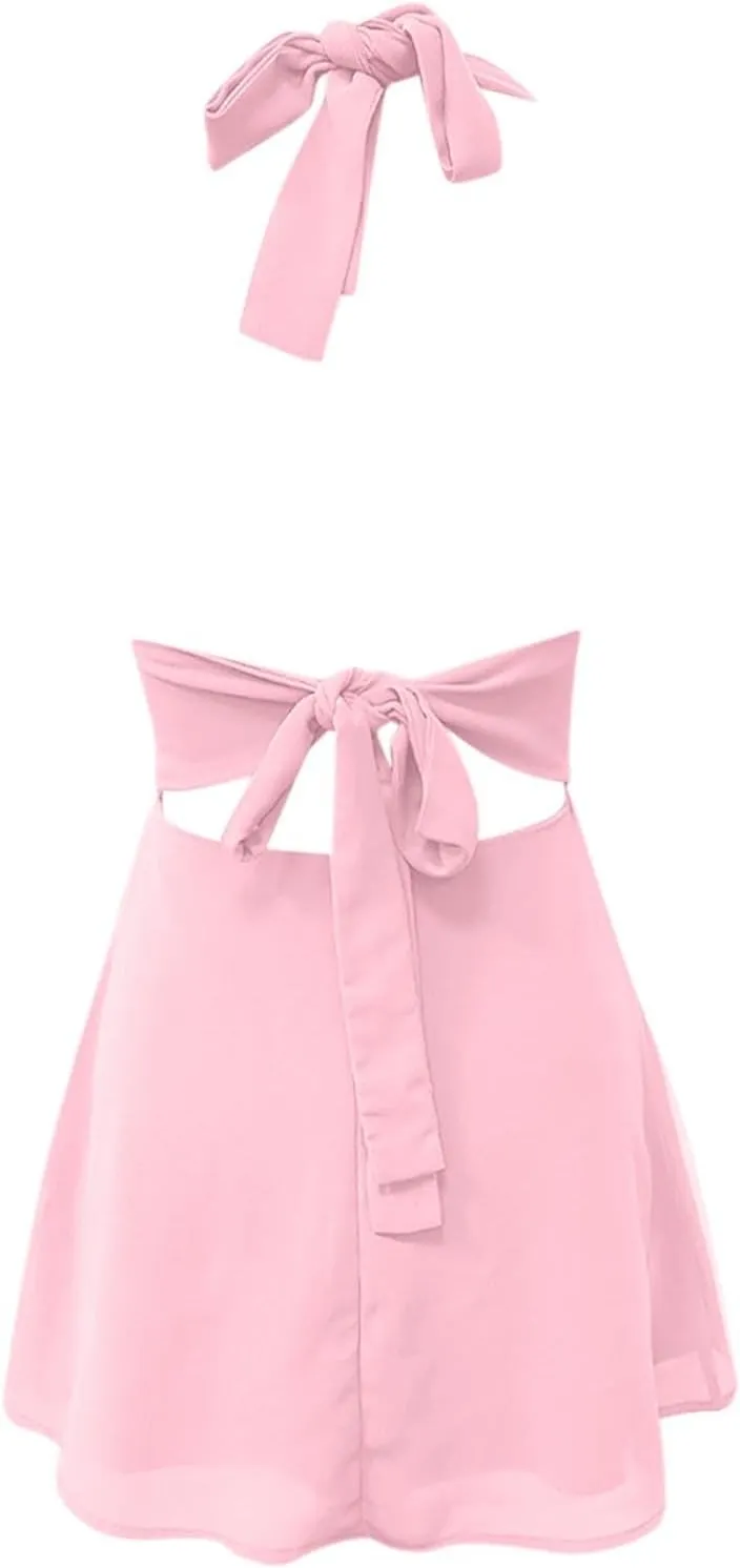 Womens Deep V Mini Dress Bow Tie Sleeveless Backless Ruched Flowy Wrap Ruffle Hem Summer Bodycon Short Dresses