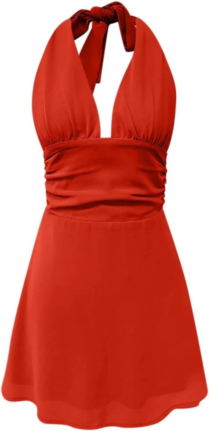 Womens Deep V Mini Dress Bow Tie Sleeveless Backless Ruched Flowy Wrap Ruffle Hem Summer Bodycon Short Dresses
