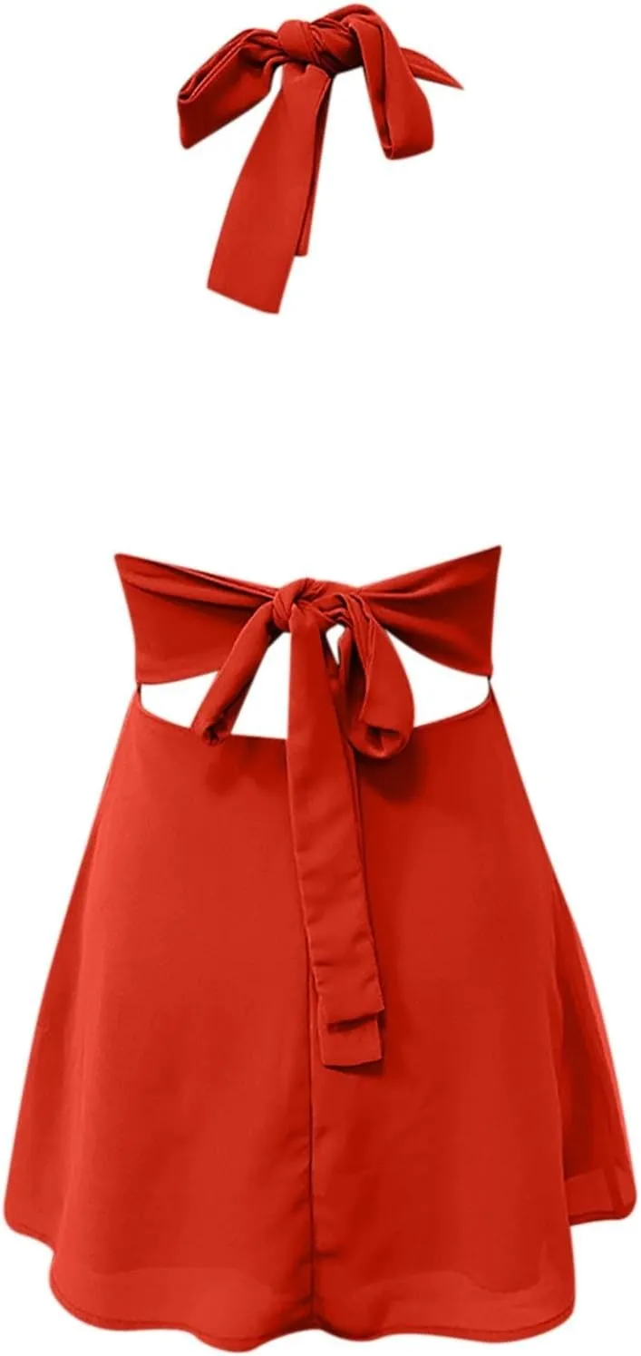 Womens Deep V Mini Dress Bow Tie Sleeveless Backless Ruched Flowy Wrap Ruffle Hem Summer Bodycon Short Dresses