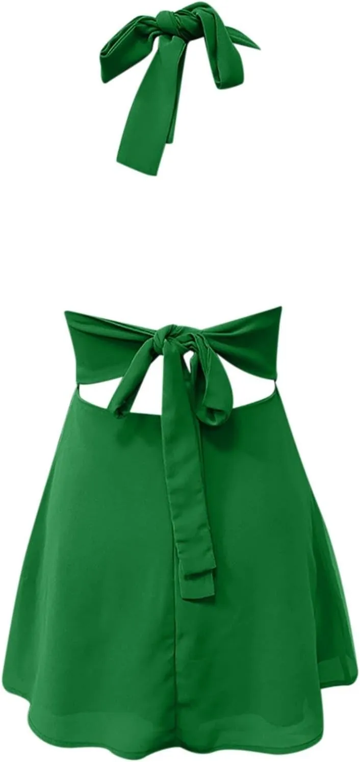 Womens Deep V Mini Dress Bow Tie Sleeveless Backless Ruched Flowy Wrap Ruffle Hem Summer Bodycon Short Dresses