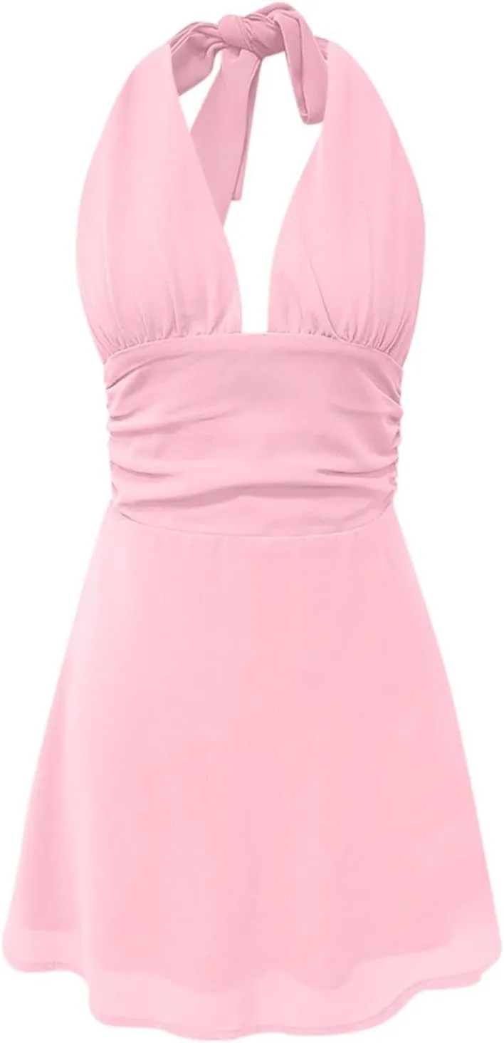 Womens Deep V Mini Dress Bow Tie Sleeveless Backless Ruched Flowy Wrap Ruffle Hem Summer Bodycon Short Dresses