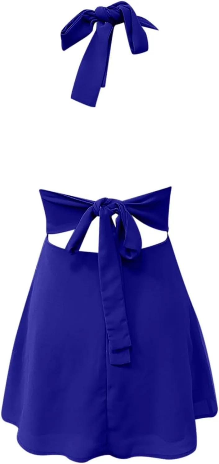 Womens Deep V Mini Dress Bow Tie Sleeveless Backless Ruched Flowy Wrap Ruffle Hem Summer Bodycon Short Dresses