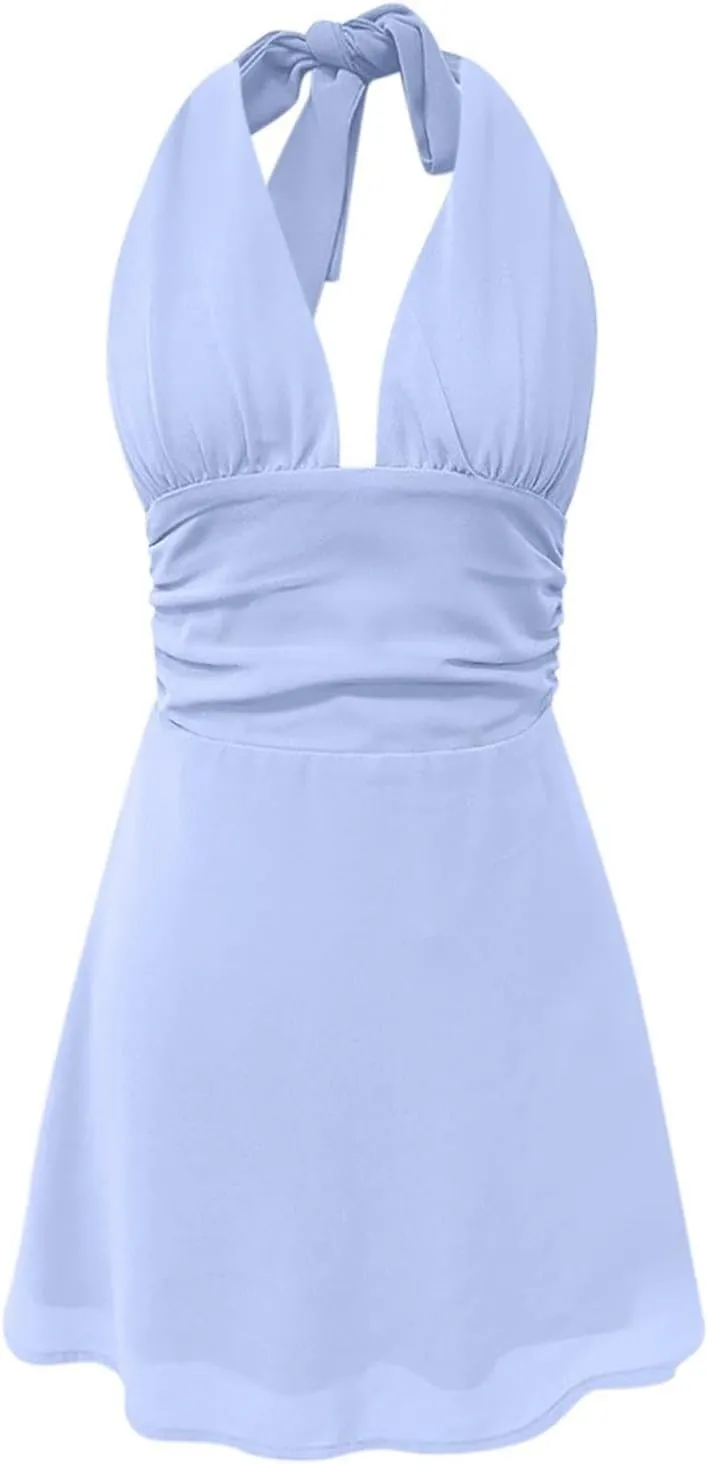 Womens Deep V Mini Dress Bow Tie Sleeveless Backless Ruched Flowy Wrap Ruffle Hem Summer Bodycon Short Dresses