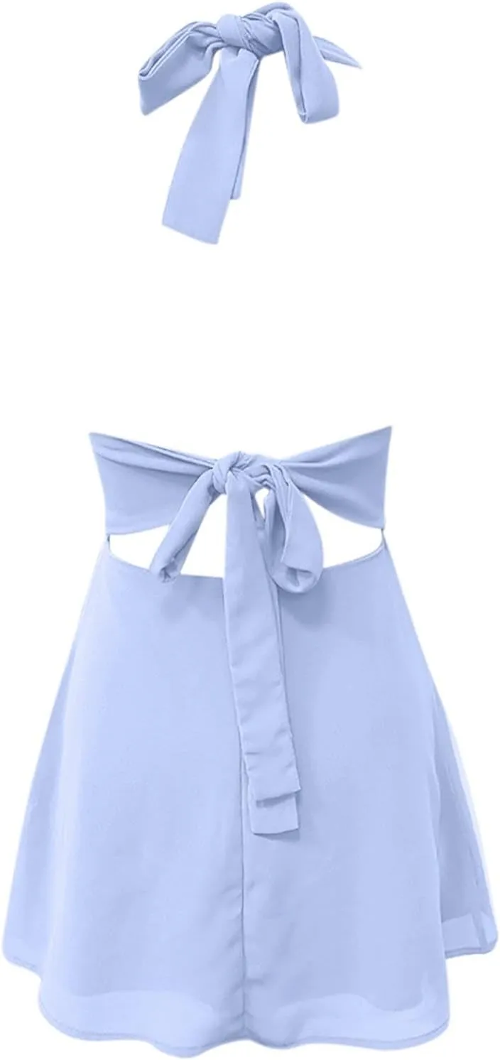 Womens Deep V Mini Dress Bow Tie Sleeveless Backless Ruched Flowy Wrap Ruffle Hem Summer Bodycon Short Dresses