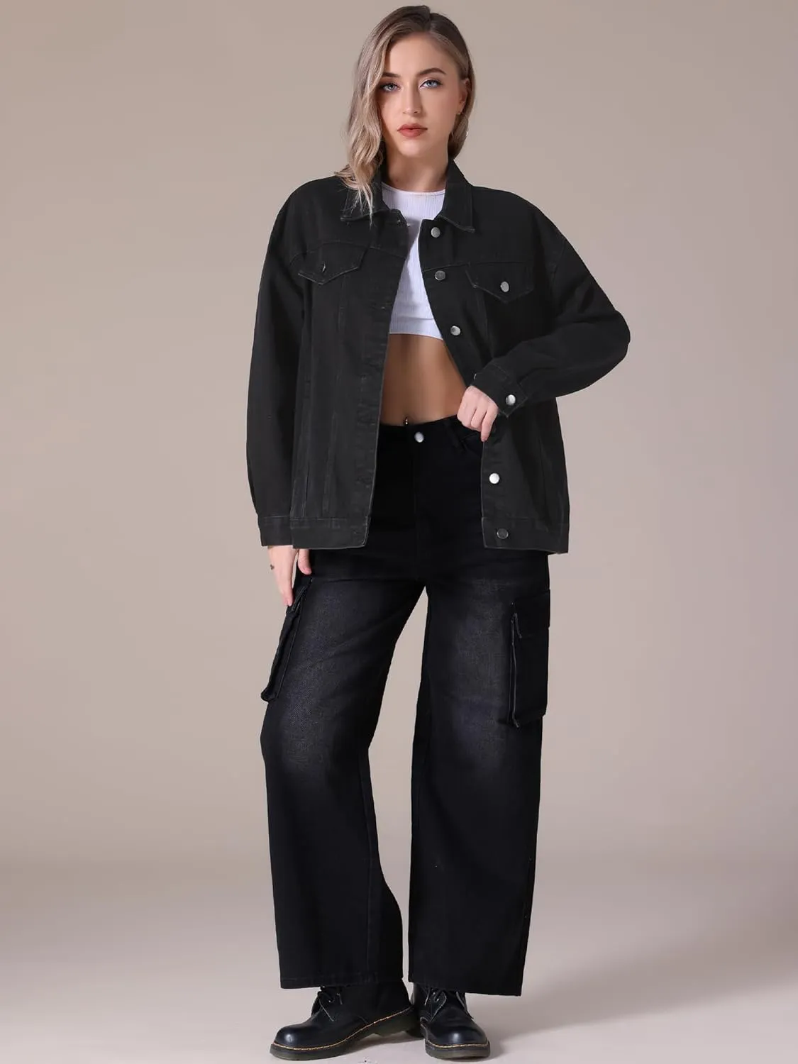 Women's Denim Jackets Casual Oversized Pockets Long Sleeve Trendy Shacket Plus Size Jean Jacket