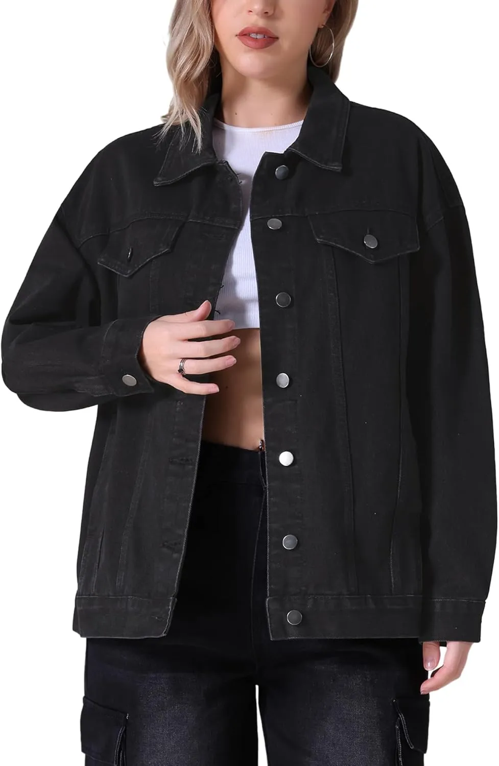 Women's Denim Jackets Casual Oversized Pockets Long Sleeve Trendy Shacket Plus Size Jean Jacket