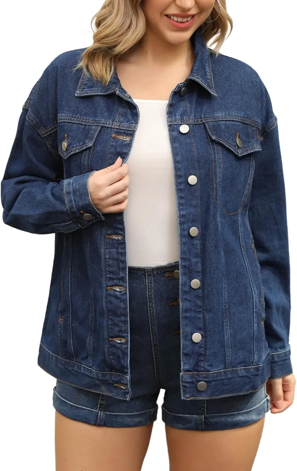 Women's Denim Jackets Casual Oversized Pockets Long Sleeve Trendy Shacket Plus Size Jean Jacket