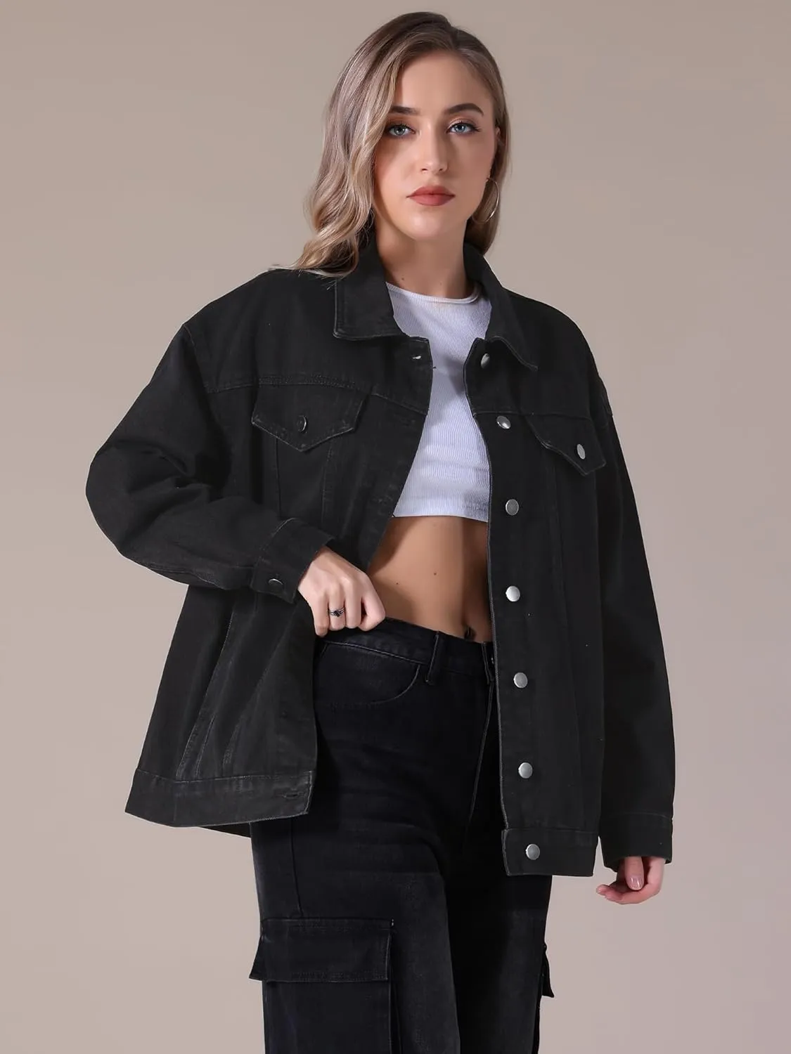 Women's Denim Jackets Casual Oversized Pockets Long Sleeve Trendy Shacket Plus Size Jean Jacket