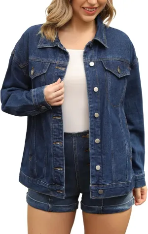 Women's Denim Jackets Casual Oversized Pockets Long Sleeve Trendy Shacket Plus Size Jean Jacket