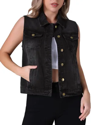 Women's Denim Vest Button Down Jacket W Chest Flap Pockets Washed Distressed Sleeveless Jean Jacket