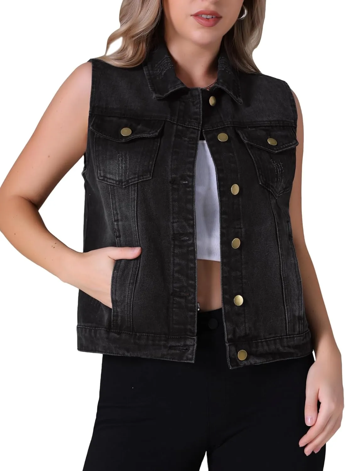 Women's Denim Vest Button Down Jacket W Chest Flap Pockets Washed Distressed Sleeveless Jean Jacket