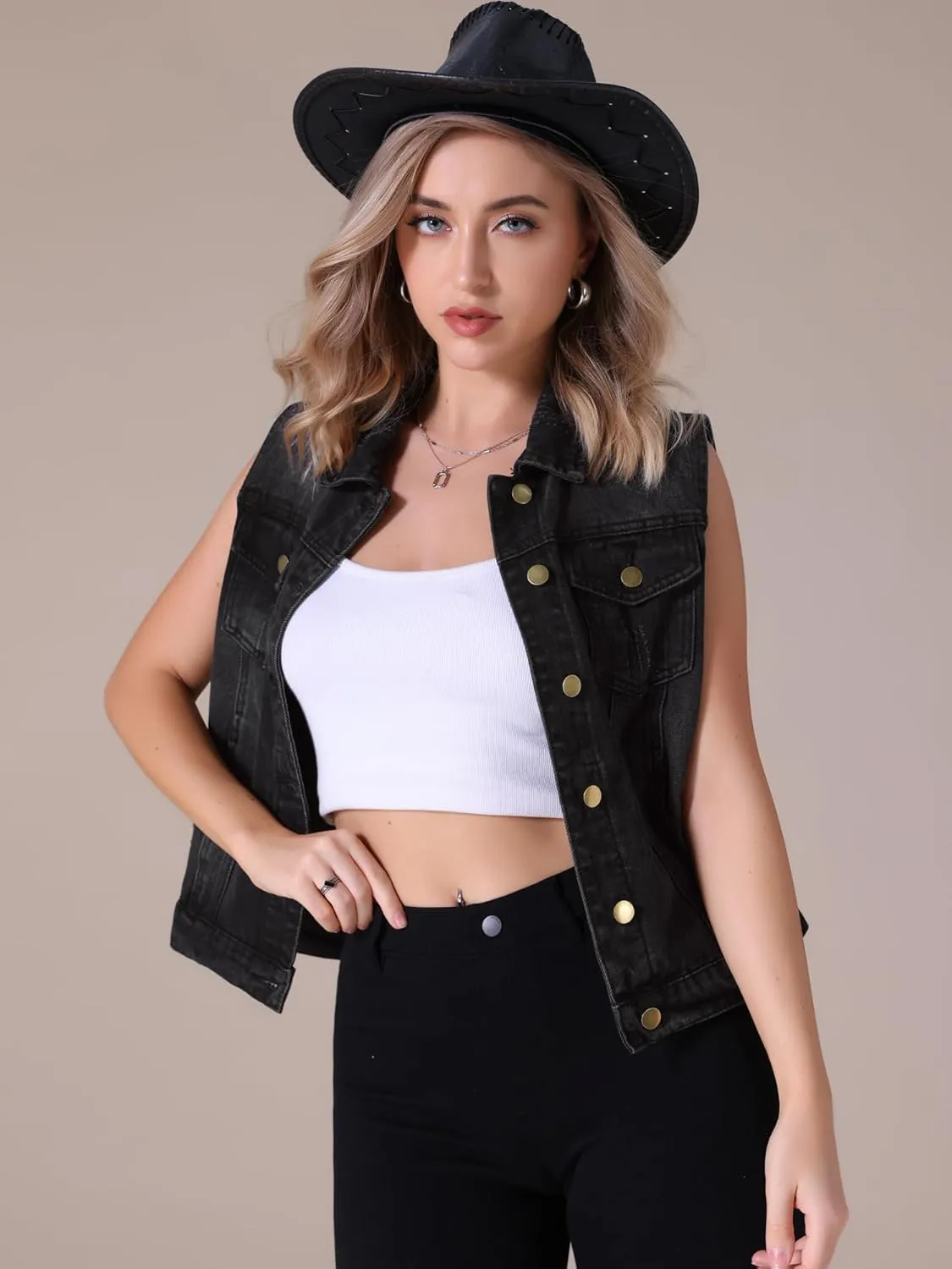 Women's Denim Vest Button Down Jacket W Chest Flap Pockets Washed Distressed Sleeveless Jean Jacket