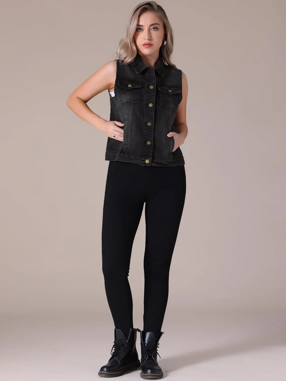 Women's Denim Vest Button Down Jacket W Chest Flap Pockets Washed Distressed Sleeveless Jean Jacket