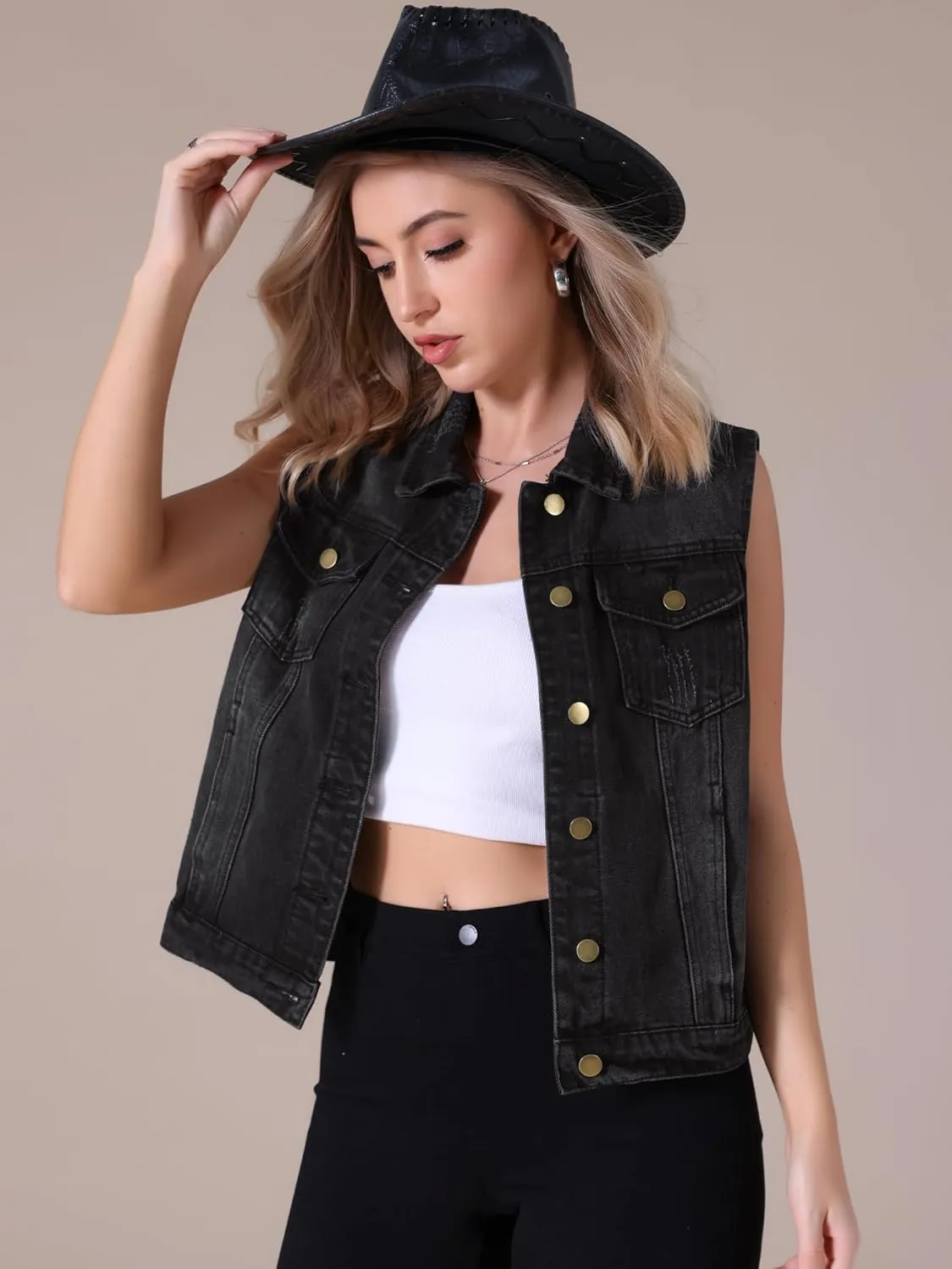 Women's Denim Vest Button Down Jacket W Chest Flap Pockets Washed Distressed Sleeveless Jean Jacket
