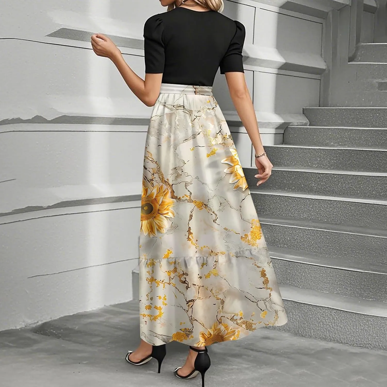 Womens Dress Summer Maxi Dresses Ruffle Hem Short Sleeve Dress Floral Vacation Wedding Guest Dresses with Belt