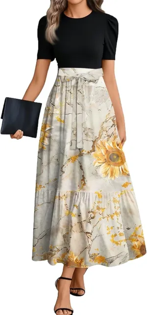 Womens Dress Summer Maxi Dresses Ruffle Hem Short Sleeve Dress Floral Vacation Wedding Guest Dresses with Belt