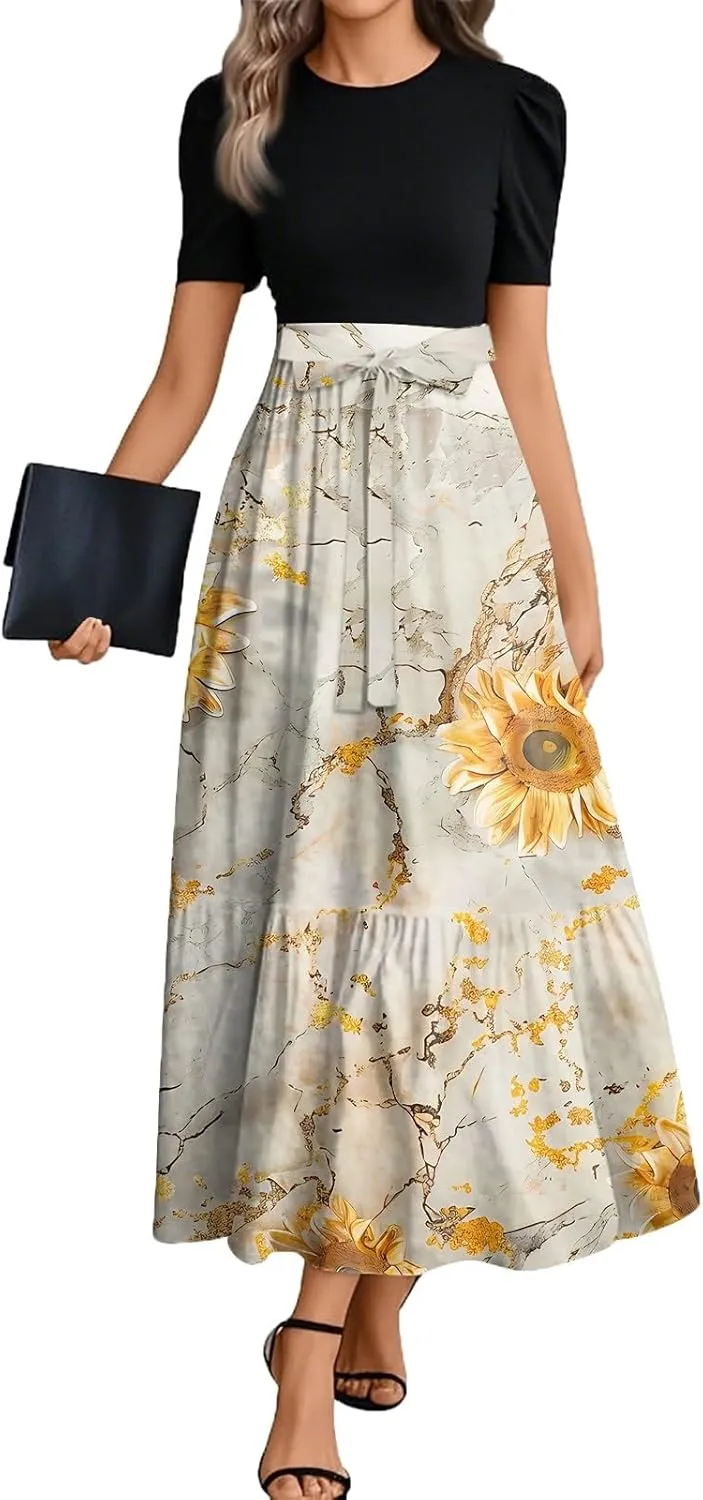 Womens Dress Summer Maxi Dresses Ruffle Hem Short Sleeve Dress Floral Vacation Wedding Guest Dresses with Belt
