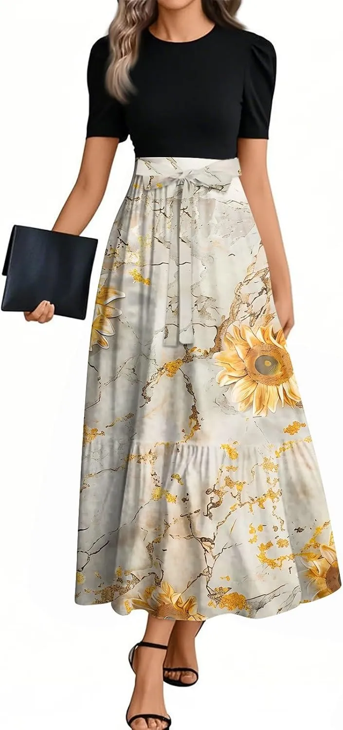 Womens Dress Summer Maxi Dresses Ruffle Hem Short Sleeve Dress Floral Vacation Wedding Guest Dresses with Belt