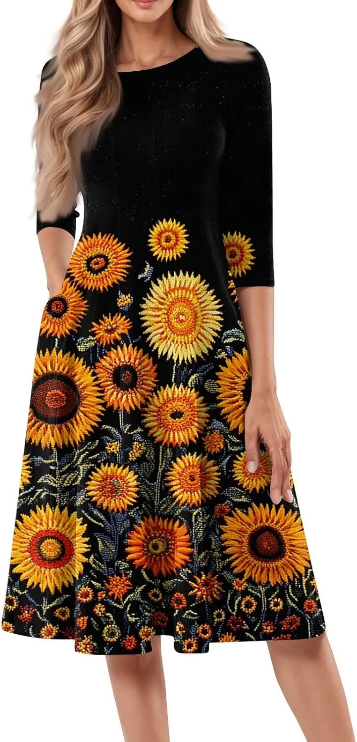 Womens Dresses Casual Spring 3/4 Sleeve A Line Dress Floral Print Midi Dress Summer Pleated Dress with Pocket