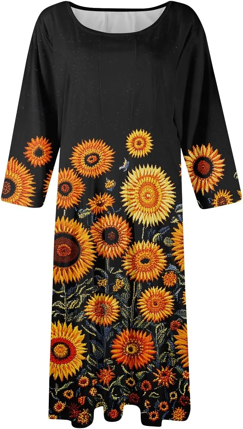 Womens Dresses Casual Spring 3/4 Sleeve A Line Dress Floral Print Midi Dress Summer Pleated Dress with Pocket