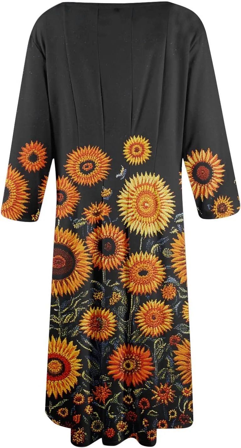 Womens Dresses Casual Spring 3/4 Sleeve A Line Dress Floral Print Midi Dress Summer Pleated Dress with Pocket