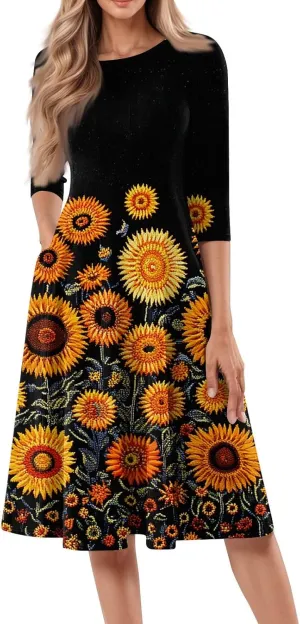 Womens Dresses Casual Spring 3/4 Sleeve A Line Dress Floral Print Midi Dress Summer Pleated Dress with Pocket
