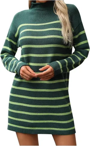 Womens Dresses Fall 2024 Rib Cotton Knit Striped Casual Sweater Dress High Neck Loose Long Sleeve Bodycon Mini Dress