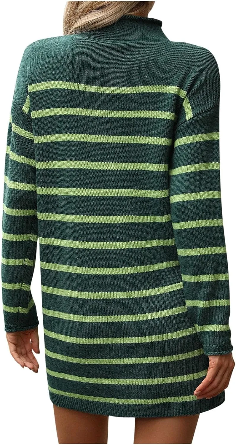Womens Dresses Fall 2024 Rib Cotton Knit Striped Casual Sweater Dress High Neck Loose Long Sleeve Bodycon Mini Dress