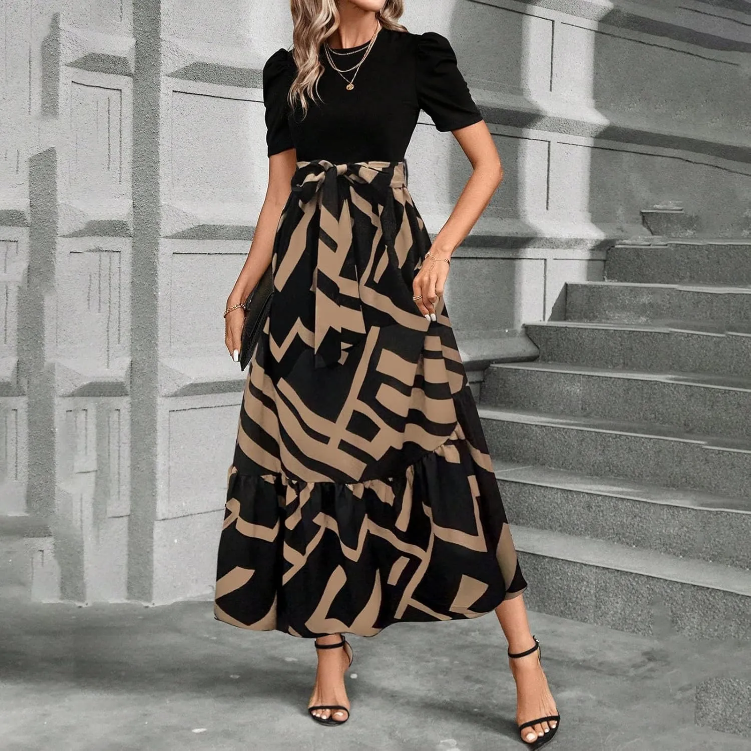 Womens Dresses for Wedding Guest 2025 Elegant Classy Empire Waist Short Sleeve A Line Dress Summer Work Wrap Sundress