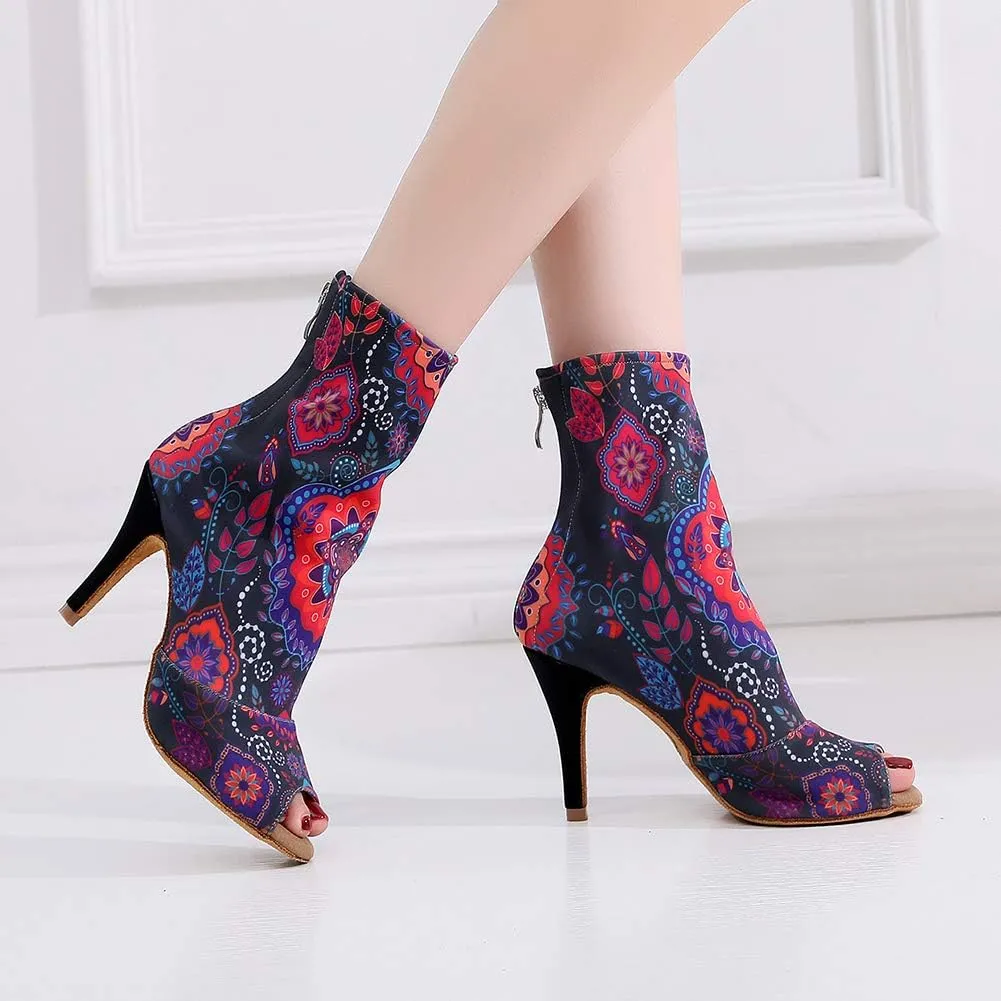 Women's Elastic Fabric Latin Dance Boots Peep Toe Salsa Ballroom Performance Dancing Booties,Model-7199