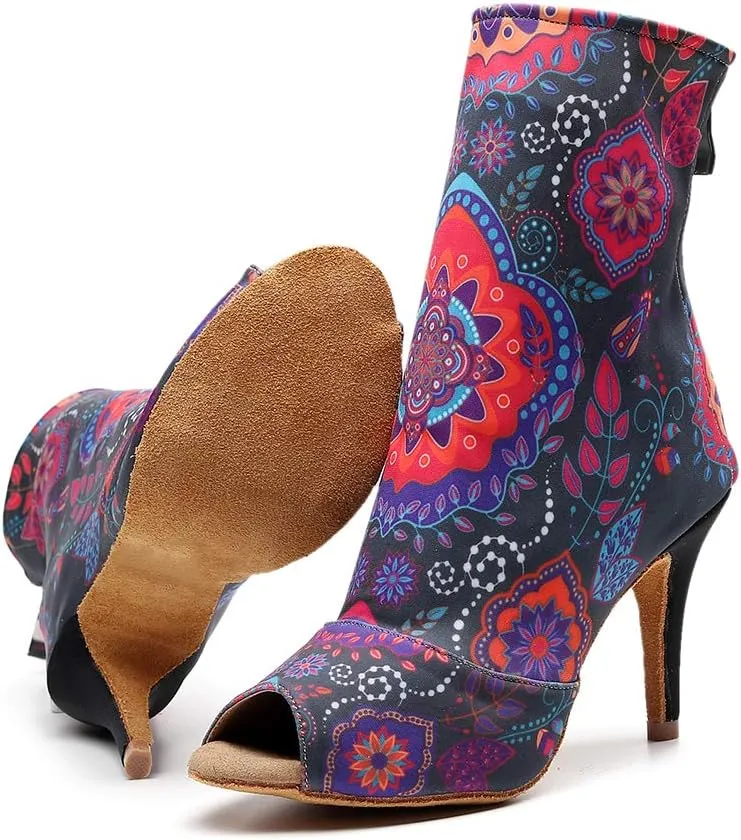 Women's Elastic Fabric Latin Dance Boots Peep Toe Salsa Ballroom Performance Dancing Booties,Model-7199