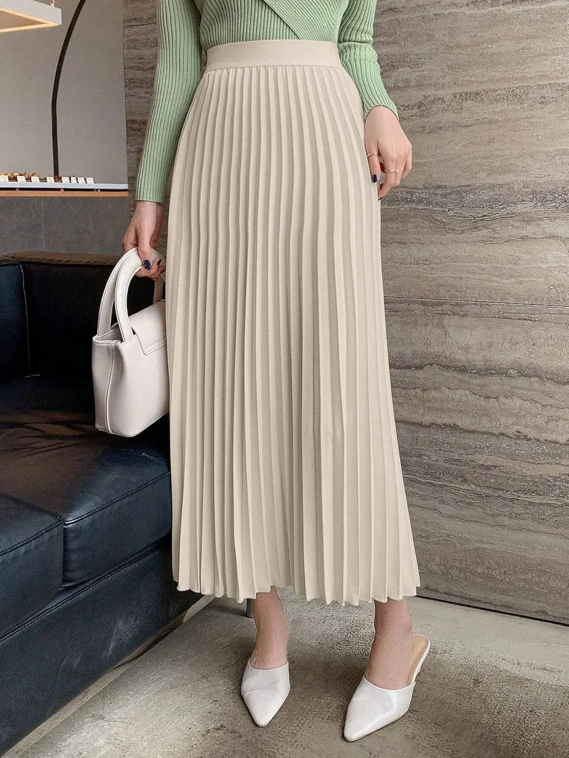 Womens Elegant Solid Pleated A-Line Midi Skirt, High Waist Loose Knee Length Skirts For Women