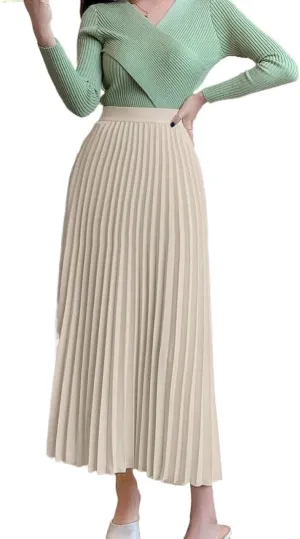 Womens Elegant Solid Pleated A-Line Midi Skirt, High Waist Loose Knee Length Skirts For Women