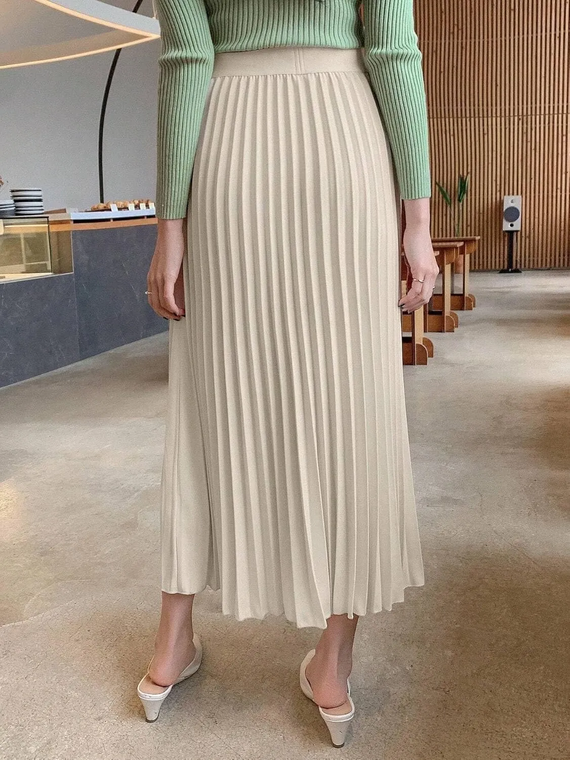 Womens Elegant Solid Pleated A-Line Midi Skirt, High Waist Loose Knee Length Skirts For Women