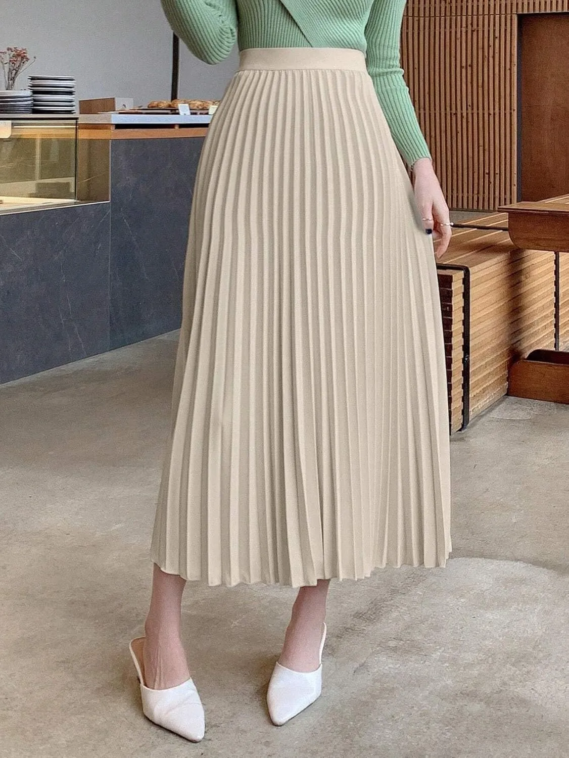 Womens Elegant Solid Pleated A-Line Midi Skirt, High Waist Loose Knee Length Skirts For Women