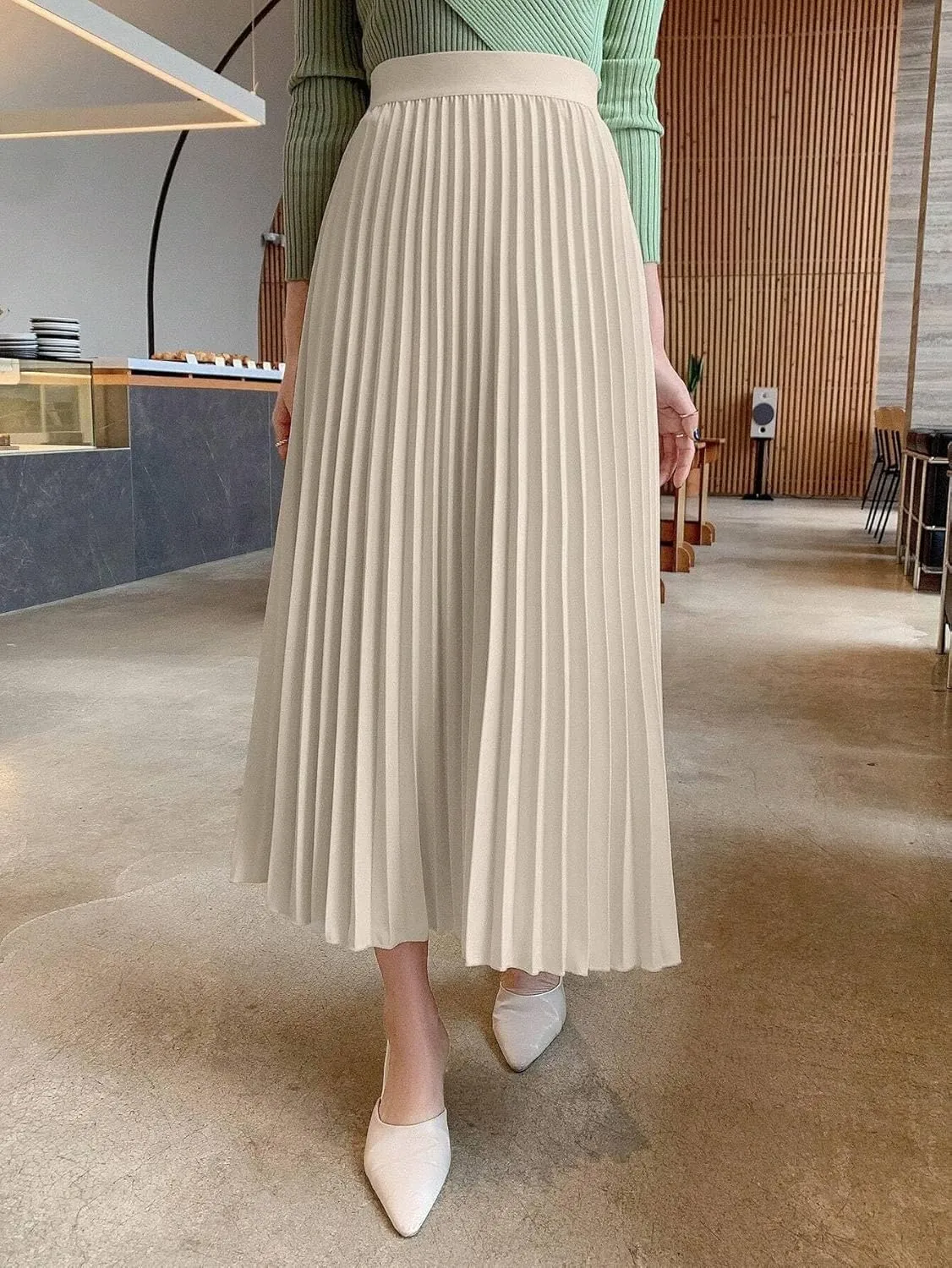 Womens Elegant Solid Pleated A-Line Midi Skirt, High Waist Loose Knee Length Skirts For Women