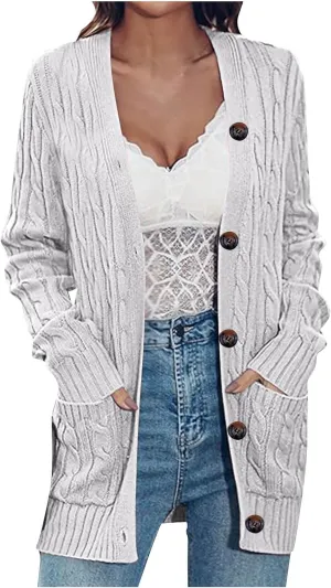 Womens Fall Jacket Plus Size V Neck Knit Sweaters Button Down Long Sleeve Cardigan Winter Coats with Pockets