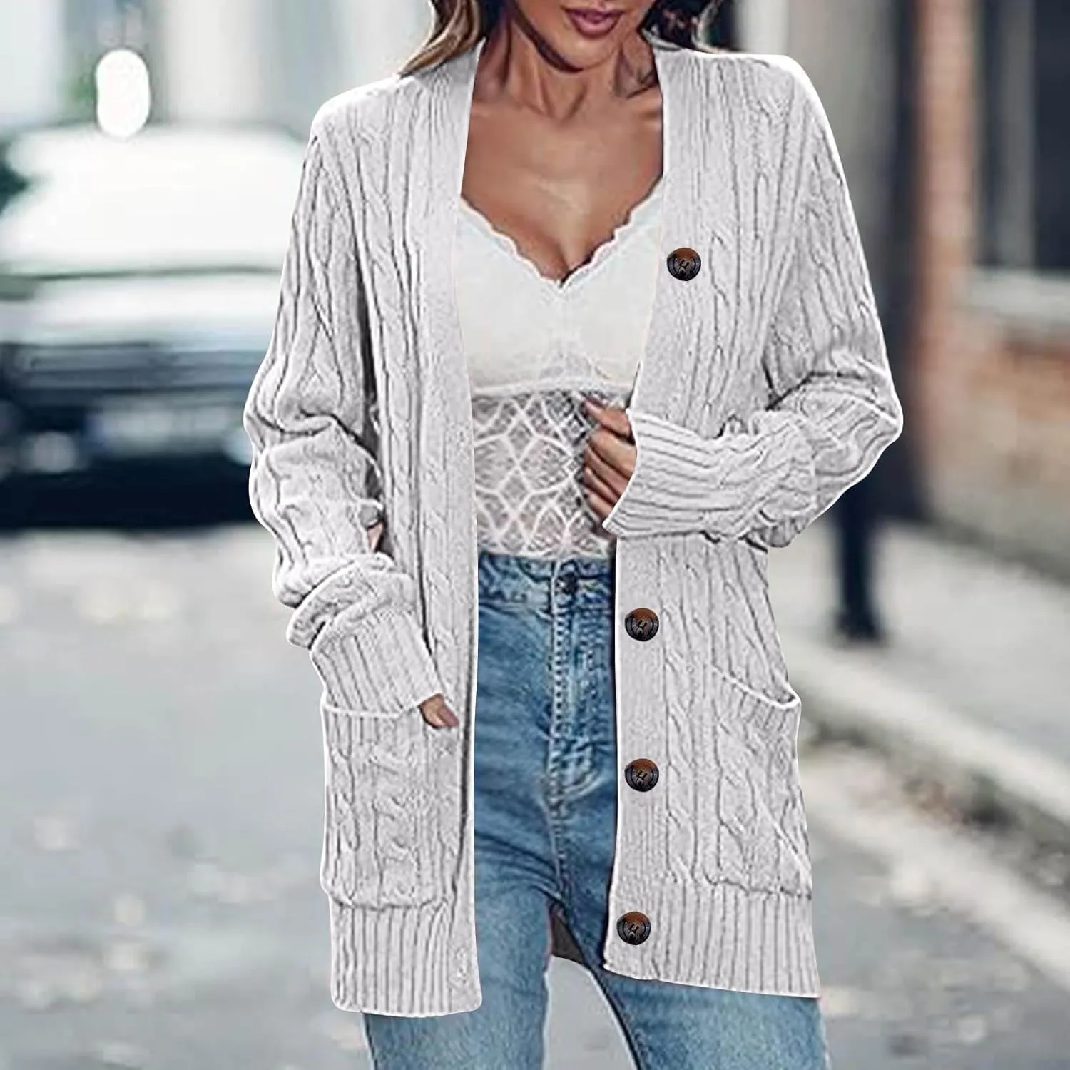 Womens Fall Jacket Plus Size V Neck Knit Sweaters Button Down Long Sleeve Cardigan Winter Coats with Pockets