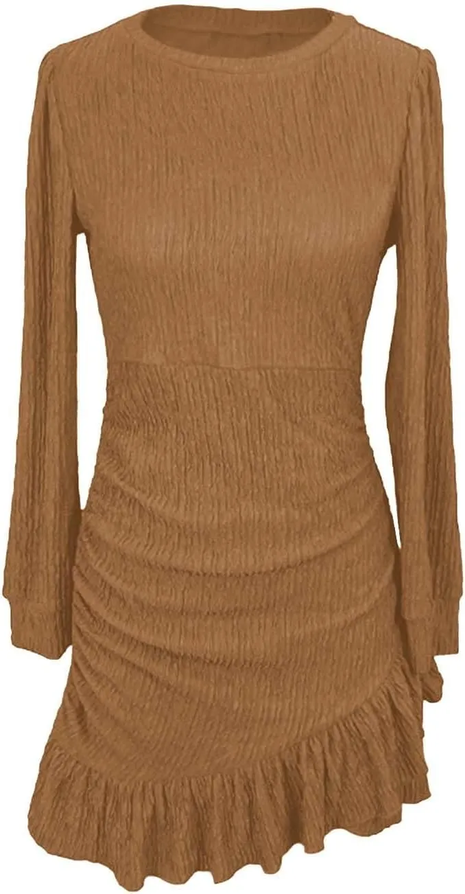 Women's Fall Ruched Bodycon Mini Dress Long Puff Sleeve Ruffle Fitted Cocktail Dresses