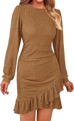 Women's Fall Ruched Bodycon Mini Dress Long Puff Sleeve Ruffle Fitted Cocktail Dresses