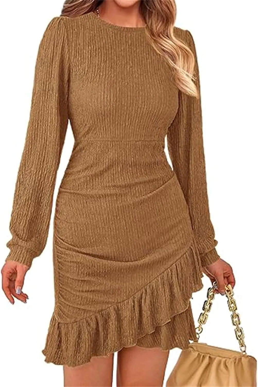 Women's Fall Ruched Bodycon Mini Dress Long Puff Sleeve Ruffle Fitted Cocktail Dresses