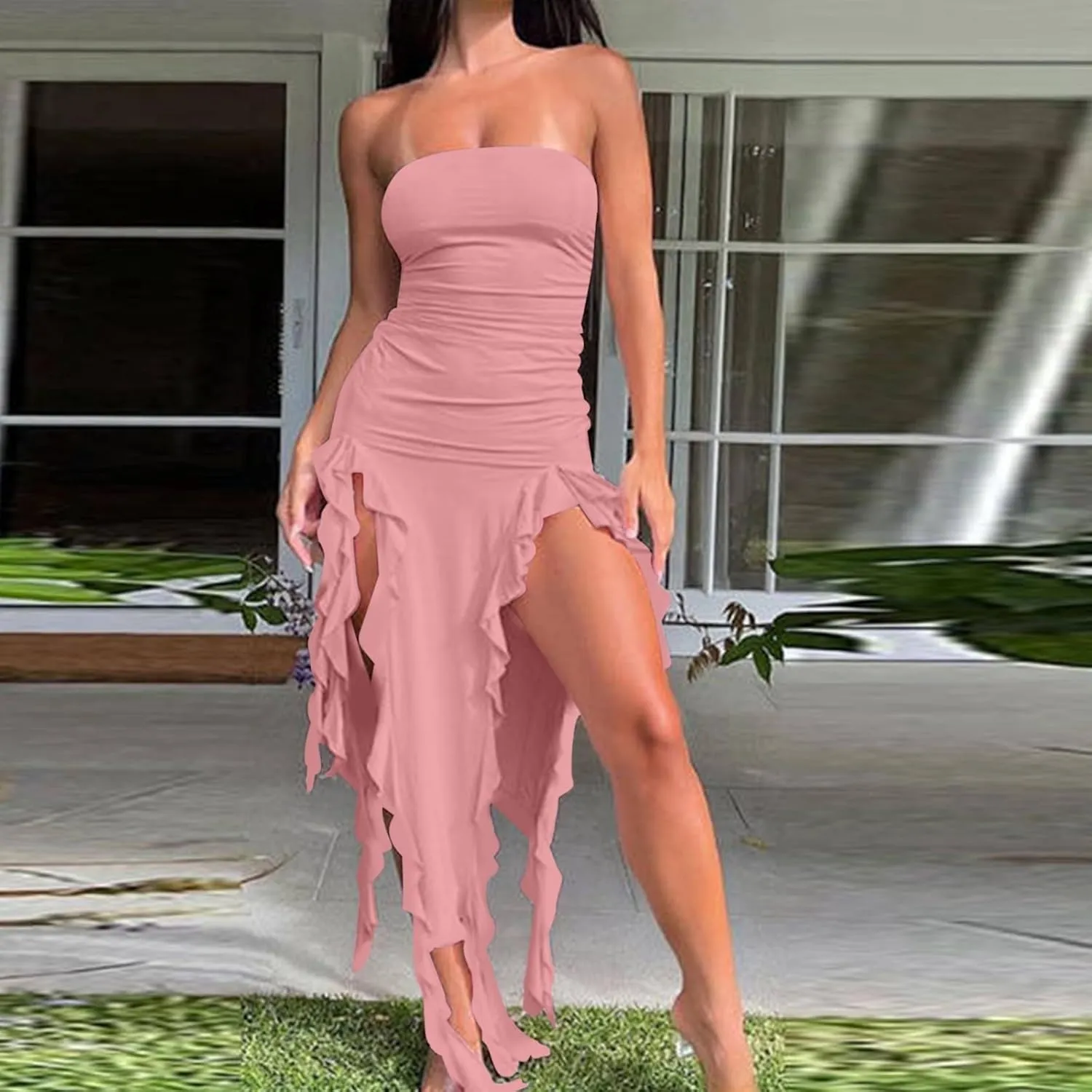 Women's Fashion Dresses Strapless Sexy Wrap Summer Casual Dress Solid Beach Vacation Maxi Bodycon Dresses