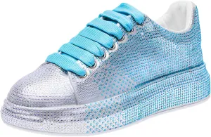Women's Fashion Thick Sole Sneakers Glitter Gradient Colors Rhinestones Lace-Up Casual Sports Shoes