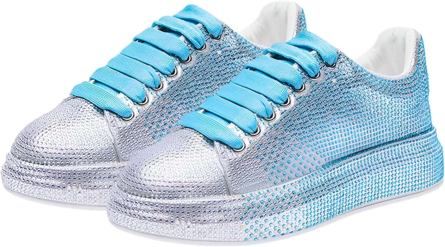 Women's Fashion Thick Sole Sneakers Glitter Gradient Colors Rhinestones Lace-Up Casual Sports Shoes
