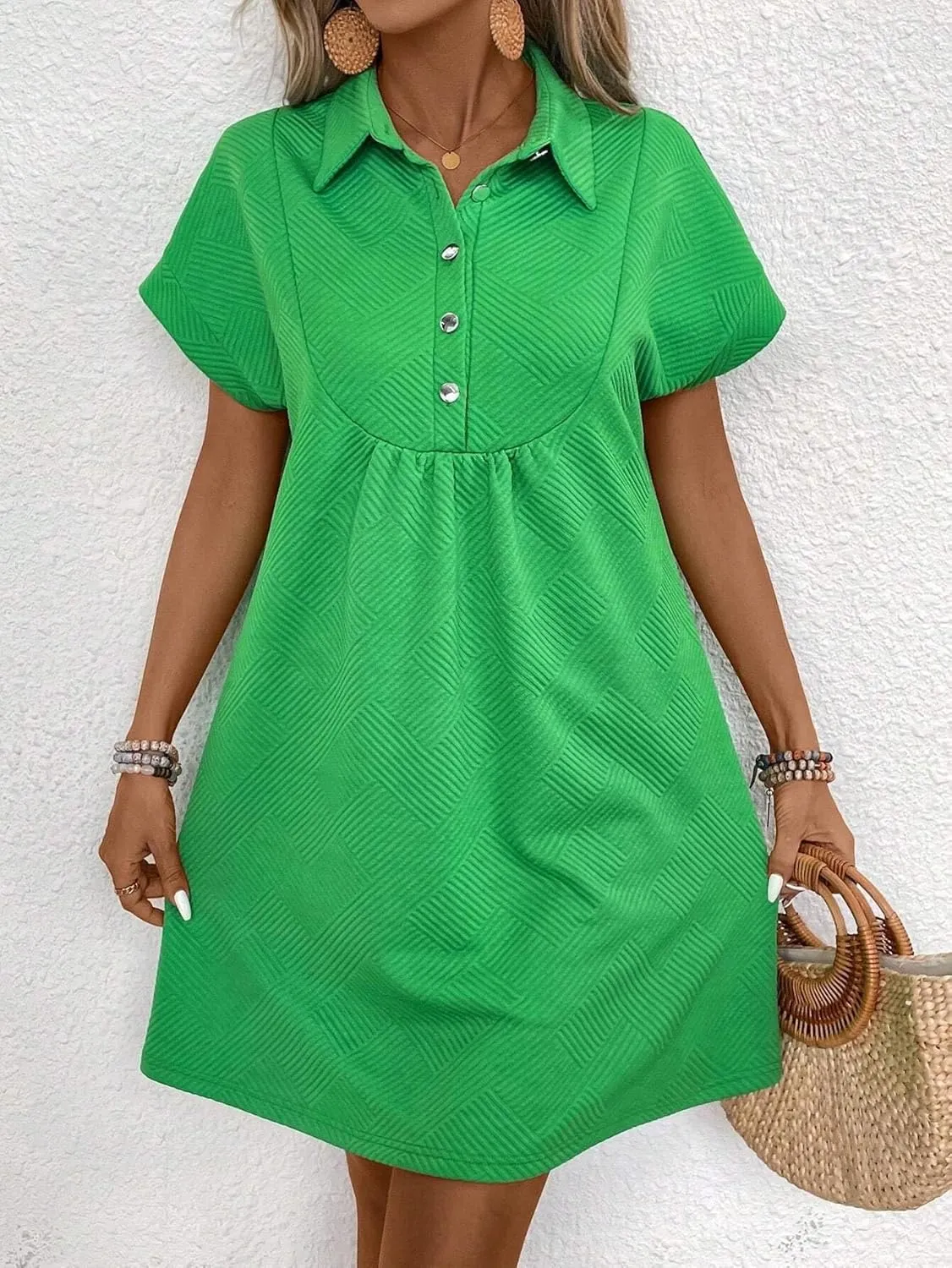 Women's Half-Buttoned V-Neck Batwing Sleeve Summer Dress Fashion Short Dresses for Women