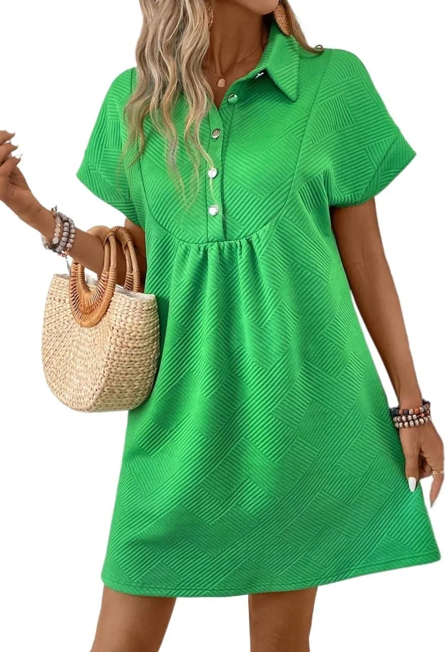 Women's Half-Buttoned V-Neck Batwing Sleeve Summer Dress Fashion Short Dresses for Women